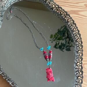 Vintage Red Coral Floral & Turquoise Pendant Necklace